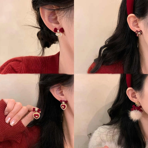 Pendientes De Botón Con Lazo De Terciopelo Rojo Poste De Plata Aleación Perla Artificial De Imitación Copo De Nieve Corazón Joyería
