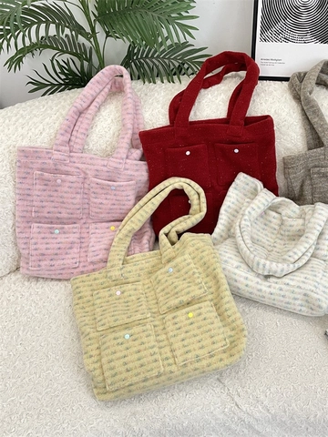 Sac Cabas En Peluche Grande Capacité Sac À Main En Laine Avec Plusieurs Poches Boutons Colorés Automne Hiver Décontracté Femmes