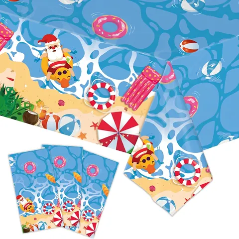 Summer Christmas Party Tableware Plastic Tablecloth Paper Plates Cups Napkins Cutlery Straws Tropical Beach Santa Decor
