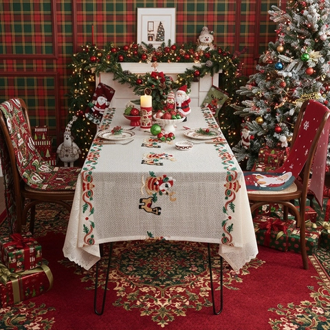 Christmas Tablecloth Polyester Lace Embroidery Santa Claus Reindeer Pattern Holiday Dinner Table Decoration Rectangular