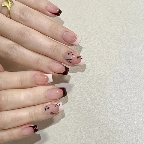 Press On Nails Short Square French Tip Cherry Pattern Glossy Gradient Sweet Style Artificial Fake Nails For Women