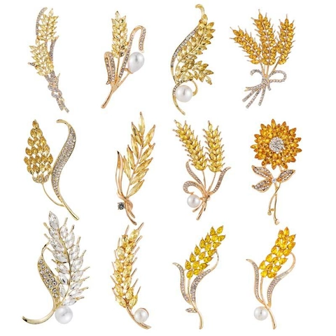 Wheat Ear Sunflower Brooches Pins For Women Zinc Alloy Gold Plated Crystal Rhinestone Faux Artificial Pearl Elegant Flower Jewelry