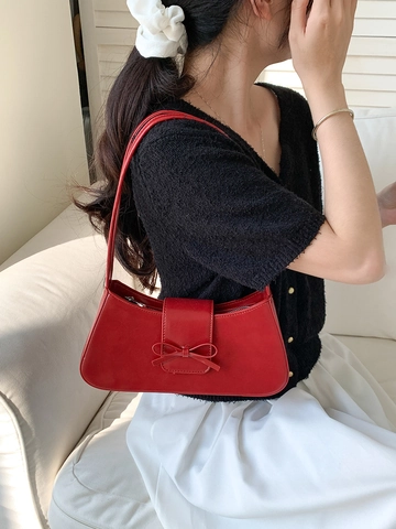 Damen PU Leder Achseltasche Baguette Tasche Mit Schleife Dekor Minimalistische Schicke Schulterhandtasche