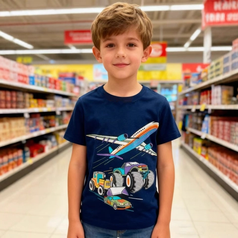 Boys Cotton T Shirt Short Sleeve Round Neck Cartoon Vehicle Airplane Monster Truck Print Summer Casual Kids Top