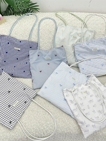 Γυναικεία Τσάντα Tote Ώμου Πολυεστέρας Καμβάς Floral Print Γάτας Καρό Φιόγκος Κέντημα Μαγνητικό Κούμπωμα Κορεάτικο Γλυκό