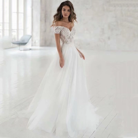 Vestido De Novia De Encaje Marfil Hombros Descubiertos Línea A Tul Elegante Para Mujeres