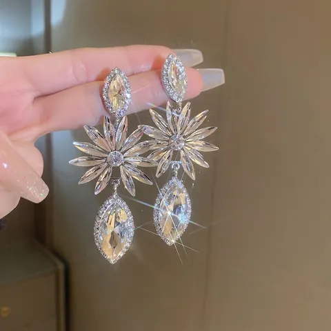 Pendientes Largos De Flores Con Cristal De Estrás Y Poste De Plata Colgantes Florales Para Mujeres Fiesta Boda