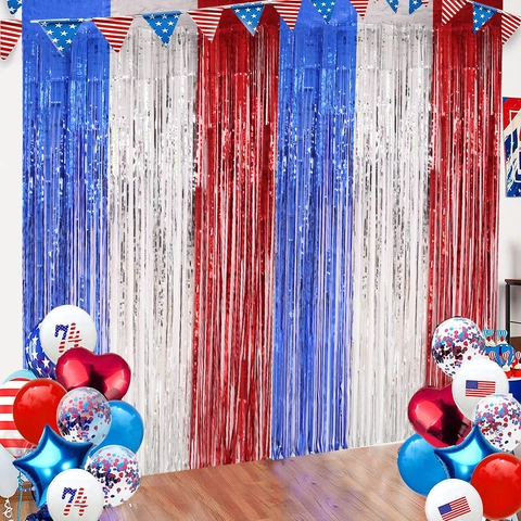 Tenda A Frange Rossa Bianca Blu Sfondo Metallico Decorazioni Per Feste Giorno Indipendenza Oggetti Di Scena Foto Metallic