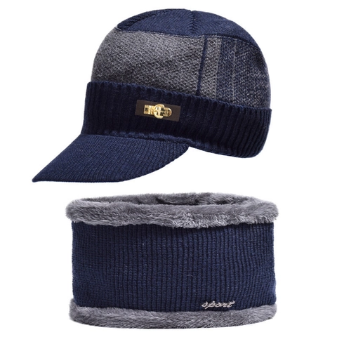 Men Winter Knit Beanie Hat Neck Warmer Faux Fur Lined Warm Outdoor Windproof Ear Protection Brimmed Patchwork