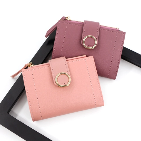 Cartera Pequeña Para Mujer Cuero PU Bifold Tarjetero Hebilla Anillo Dorado Bolsillo Monedas Cremallera Estilo Simple
