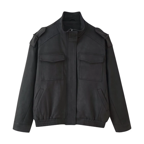 Chaqueta de Antelina para Mujer con Cuello Alto Manga Larga Estilo Ropa de Trabajo Abrigo de Color Sólido con Charreteras y Bolsillos