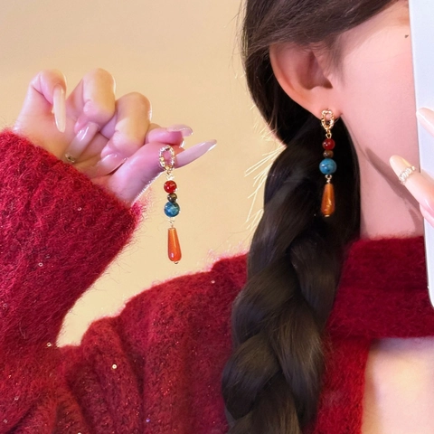 Bohemian Beaded Tassel Earrings With Silver Earring Post Alloy Stone Teardrop Dangle Ethnic Retro Style Women Jewelry