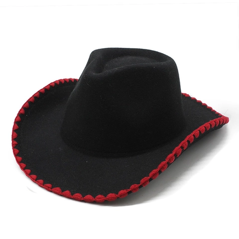 Chapeau De Cow-Boy Western Feutre Large Bord Bordure Tressée Contrastée Extérieur Protection Solaire Unisexe