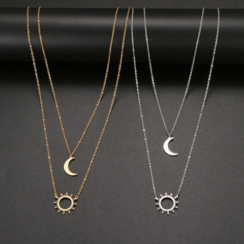 Collana Sole Luna Acciaio Inossidabile Stratificata Ciondolo Celeste Cavo Gioielli Per Donne Estetica Minimalista
