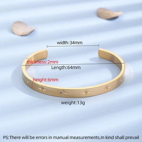 North Star Pattern Cuff Bangle Stainless Steel Rhinestone Inlaid Minimalist Celestial Fashion Jewelry For Women