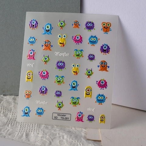 Stickers Art Des Ongles Relief 5D Monstres Dessin Animé Mignons Gaufré Auto-Adhésif Décoration Manucure Coloré