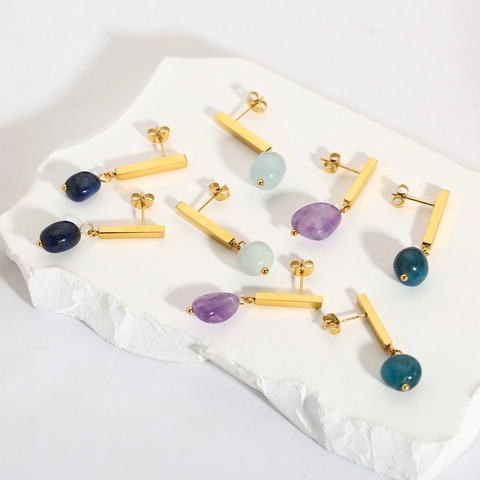 Natural Stone Drop Earrings 18K Gold Plated Stainless Steel Geometric Bar Dangle Minimalist Jewelry For Women