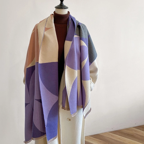 Women's Cashmere-like Acrylic Scarf Winter Warm Geometric Color Block Shawl With Tassels Soft Oversized Wrap Scarf
