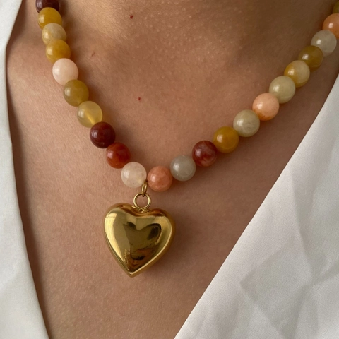 Collar De Cuentas De Piedra Natural Con Colgante De Corazón De Acero Inoxidable Pulido Chapado En Oro Joyería Boho Para Mujer