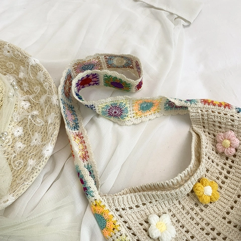 Handgemachte Gehäkelte Blumen Umhängetasche Damen Strandurlaub Gewebte Tote 3D Florale Dekoration Baumwollgarn