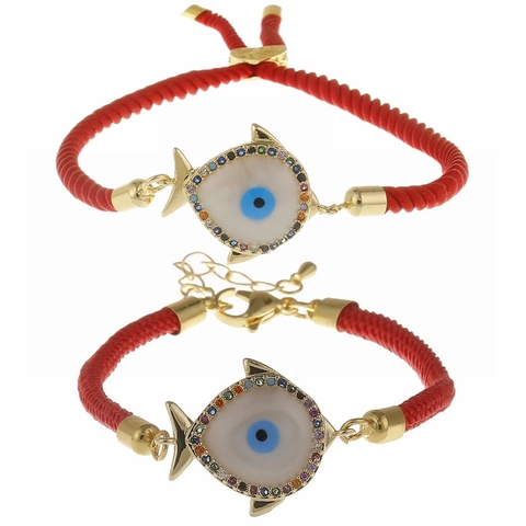 Evil Eye Fish Pendant Bracelet Copper Gold Plated Colorful Zircon Adjustable Braided String Hand Jewelry