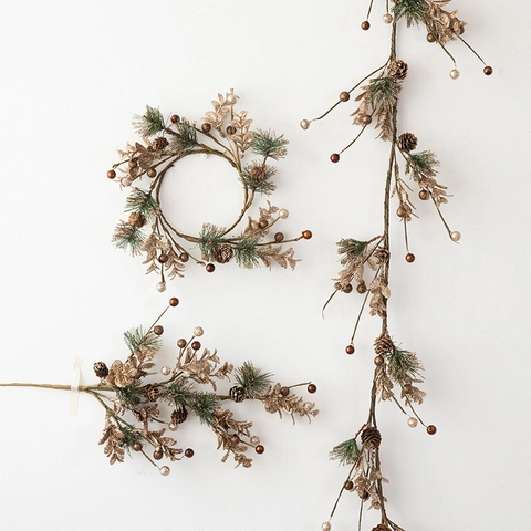 Christmas Wreath Garland Pine Needles Gold Glitter Leaves Natural Pinecones Berries Holiday Elegant Home Decor