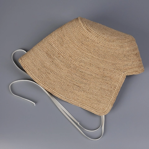 Cappello Di Paglia Di Rafia Elegante Francese Pieghevole All'Uncinetto Per Il Sole Con Nastro Ondulato Per Spiaggia Estate