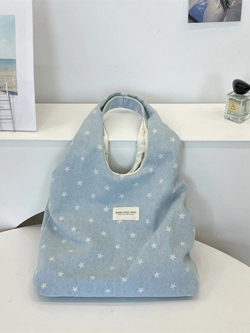 Sac Fourre-Tout En Denim Pour Femmes Imprimé Étoiles Grande Capacité Sac À Main Épaule Décontracté Style Doux