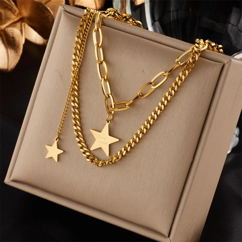 Double Layer Star Pendant Necklace Stainless Steel Gold Plated Good Luck Engraved Paperclip Cuban Chain For Women Trendy