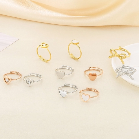 Heart Bow Knot Adjustable Open Ring Stainless Steel With Zircon Shell Minimalist Elegant Jewelry Gift For Women