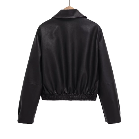 Women Faux Leather Jacket Short PU Moto Biker Coat Lapel Zip Up Solid Black Chic Long Sleeve Outwear