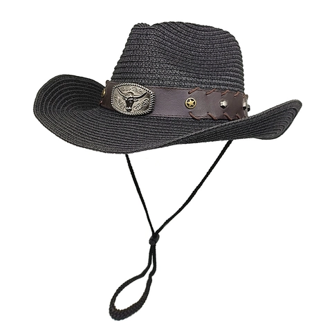 Retro Western Cowboy Straw Hat Bull Head Buckle Faux Leather Band Windproof Rope Sun Protection Breathable Unisex Jazz Hat