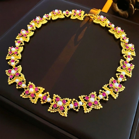 Vintage Franse Paleisstijl Ketting Oorbellen Sieraden Legering Kunstparel Kristal Bloem 925 Sterling Zilveren Oorknopje Voor Vrouwen