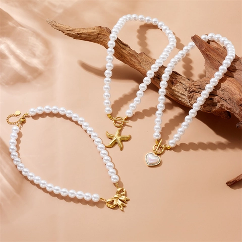 Faux Artificial Pearl Necklace And Bracelet Stainless Steel Gold Plated Shell Starfish Bow Heart Pendant OT Buckle Jewelry Women