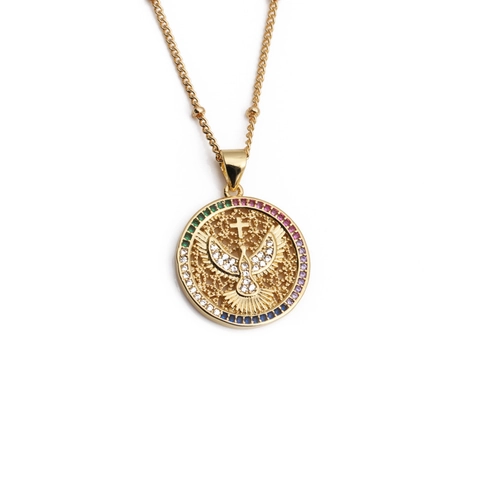 Dove Of Peace Cross Pendant Necklace Copper Inlaid Zircon Colorful Stones Gold Plated Religious Jewelry For Women