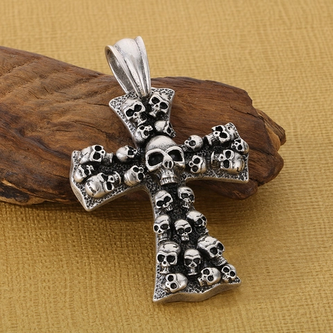 Gothic Skull Cross Pendant Necklace 316L Stainless Steel Retro Distressed Punk Jewelry For Men Halloween