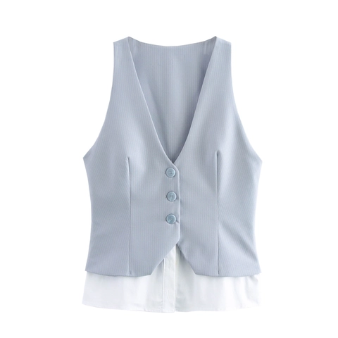 Damen Faux Lagenlook Anzug Weste Ärmellos Gestreift V Ausschnitt Geknöpft Weste Büro Dame Urban Stil Polyester