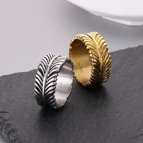 Vintage Feather Ring 316L Stainless Steel Textured Punk Fashion Jewelry For Men