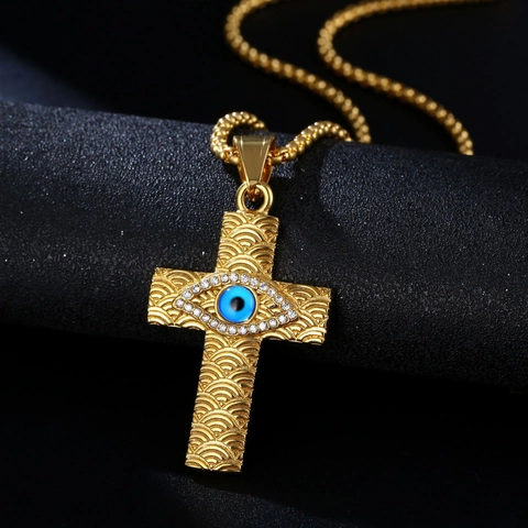 Collar de Colgante de Cruz de Acero Inoxidable Hip Hop para Hombre Mujer Dorado Mal de Ojo Joyas Religiosas