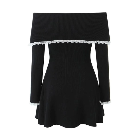 Vestito Mini In Maglia A Costine Spalle Scoperte Con Bordo In Pizzo Manica Lunga Colore A Contrasto Elegante