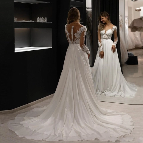 Lace And Polyester Wedding Dress Long Sleeve Backless U-Neck A-Line Bridal Gown Ivory White Cathedral Train