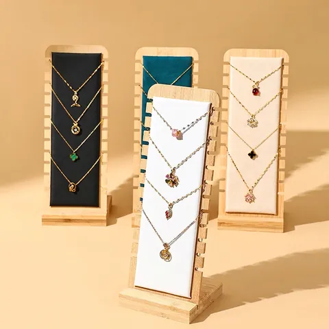 Necklace Display Stand Bamboo Wood Detachable Jewelry Holder Velvet Leather Pendant Rack Organizer For Retail Showroom