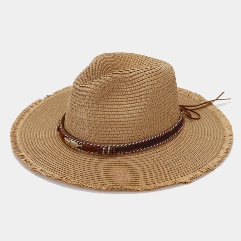 Straw Sun Hat Wide Brim Frayed Edge Paper Breathable Beach Vacation Bohemian Ethnic Women With Feather Pendant