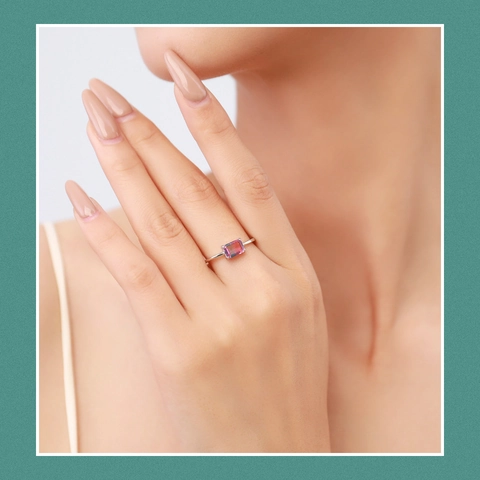 Anello Minimalista in Argento Sterling 925 per Donna Pietra di Tormalina Sfumata Rettangolare Elegante Anello Moda Gioielli