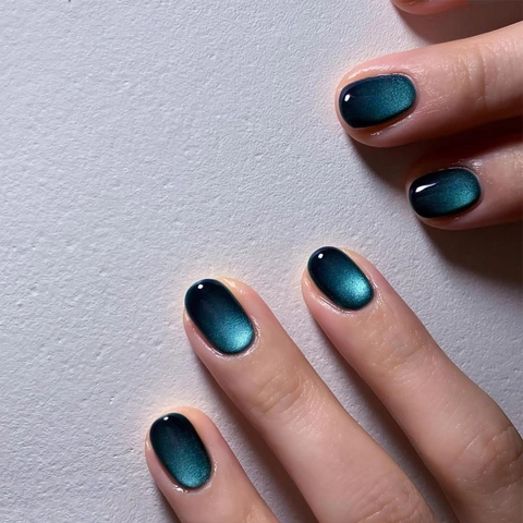 Press On Nails Short Round Square Retro Emerald Green Cat Eye Magnetic Glitter Shimmer Artificial Finger Nails