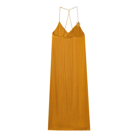Satin Midi Kleid Goldene Metallkette Riemen V Ausschnitt Ingwergelb Elegante Party Ärmelloses Unterkleid Für Damen
