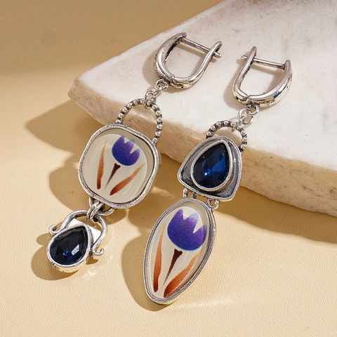 Orecchini Pendenti Asimmetrici Vintage Con Motivo Tulipano Smalto Zircone Blu Goccia Lega Gioielli Retrò Per Donna