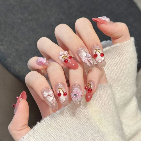 Handgefertigte Rosa Verlauf Künstliche Nägel Mit 3D Kirsch Schleife Blumen Dekoration Süße Katzenauge Mandel Oval Falsche Nägel Für Damen