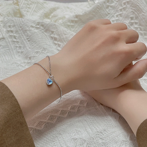 Schickes Zweilagiges Herz Armband Kupfer Mit Mondstein Blau Verlauf Anhänger Schlangen Perlenkette Stitching Für Frauen Mädchen