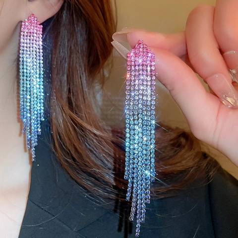 Strass Lange Quasten Ohrhänger Mit 925 Sterling Silber Ohrstecker Farbverlauf Dreieck Legierung Mode Für Frauen